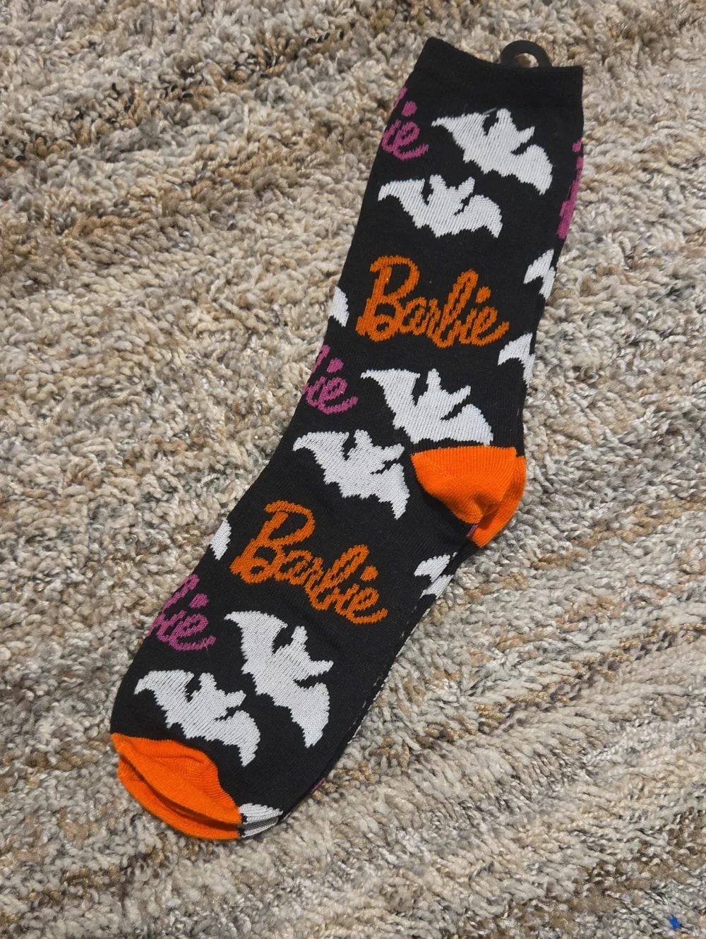 Barbie Black Crew Socks with White Bat Pattern and Orange Accents